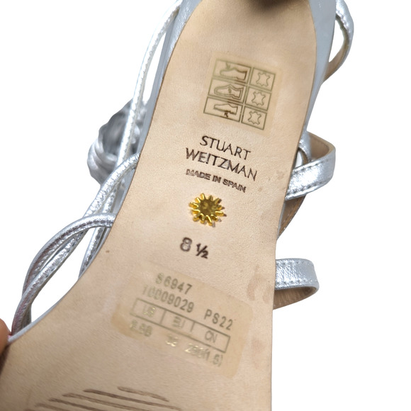 Stuart Weitzman Astrid Silver Leather Ankle Wrap Sandal Pumps Size 8.5 - Picture 6 of 8